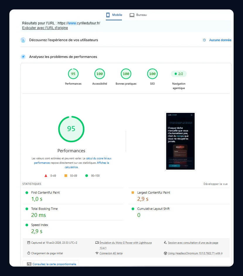 Score Google PageSpeed Insights sur mobile: 95/100 en performance, 100 partout ailleurs
